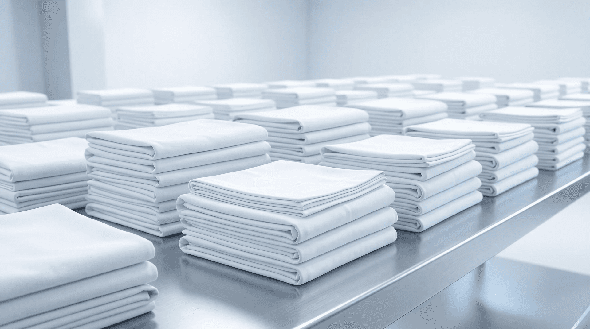 Neatly folded stacks of clean linen on a stainless steel surface